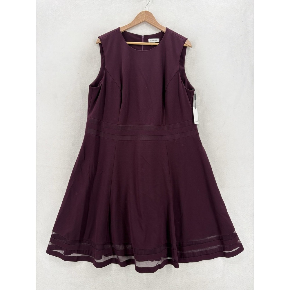 Calvin Klein Dress Womens 18W Purple Sleeveless Fit & Flare Mesh Hem Knee NWT